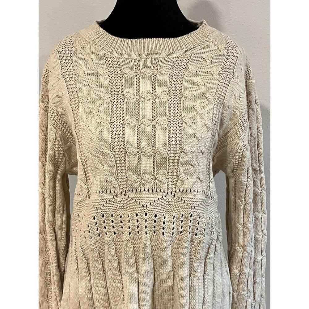 Cream Cable‎ Knit Size Large Cottagecore Sweater Cozy Fisherman Textured Knit